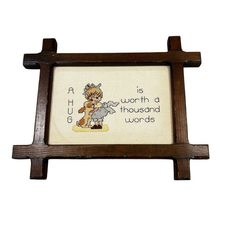 Vintage Framed Cross Stitch “a Hug…” Little Girly Kitschy Accent Decor Wood